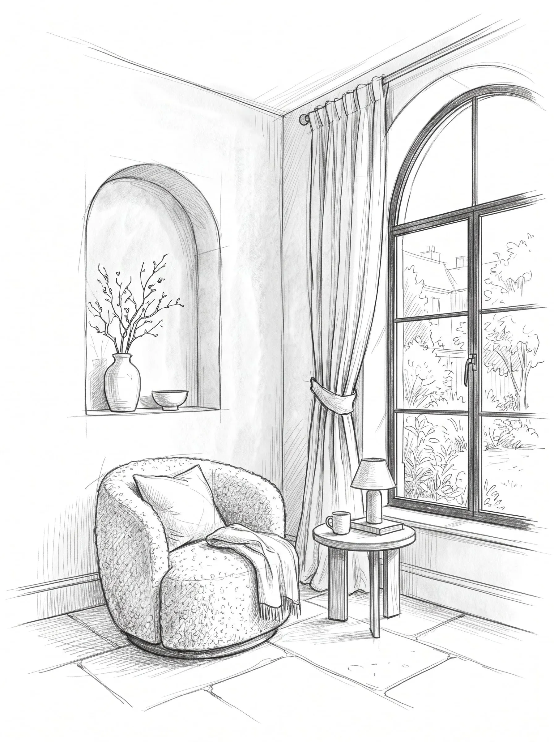 Pencil study of an interior with an arched niche and armchair