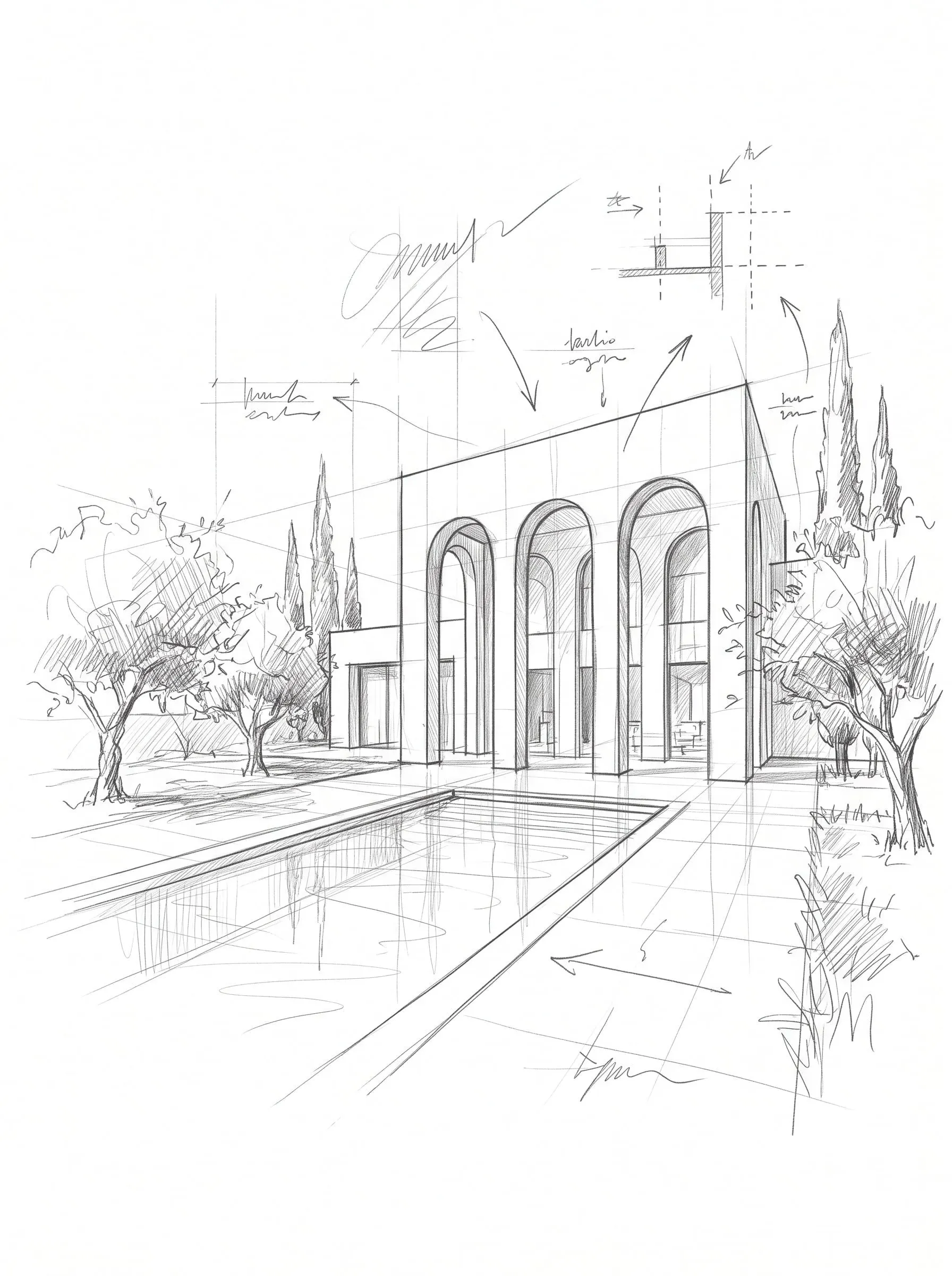 Pencil study of a villa facade with three arches and a pool