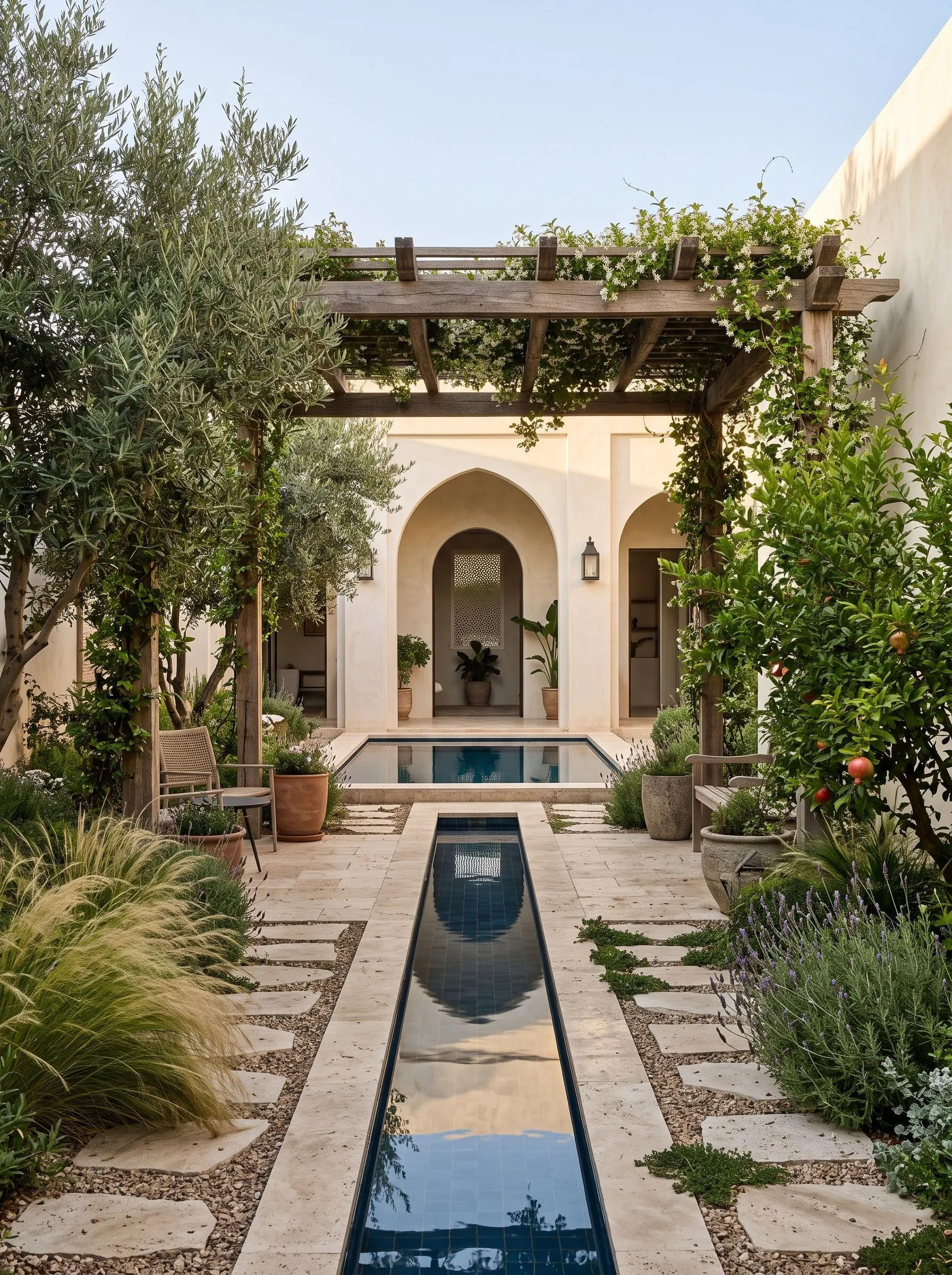 Courtyard garden with a water channel, stone path and pergola