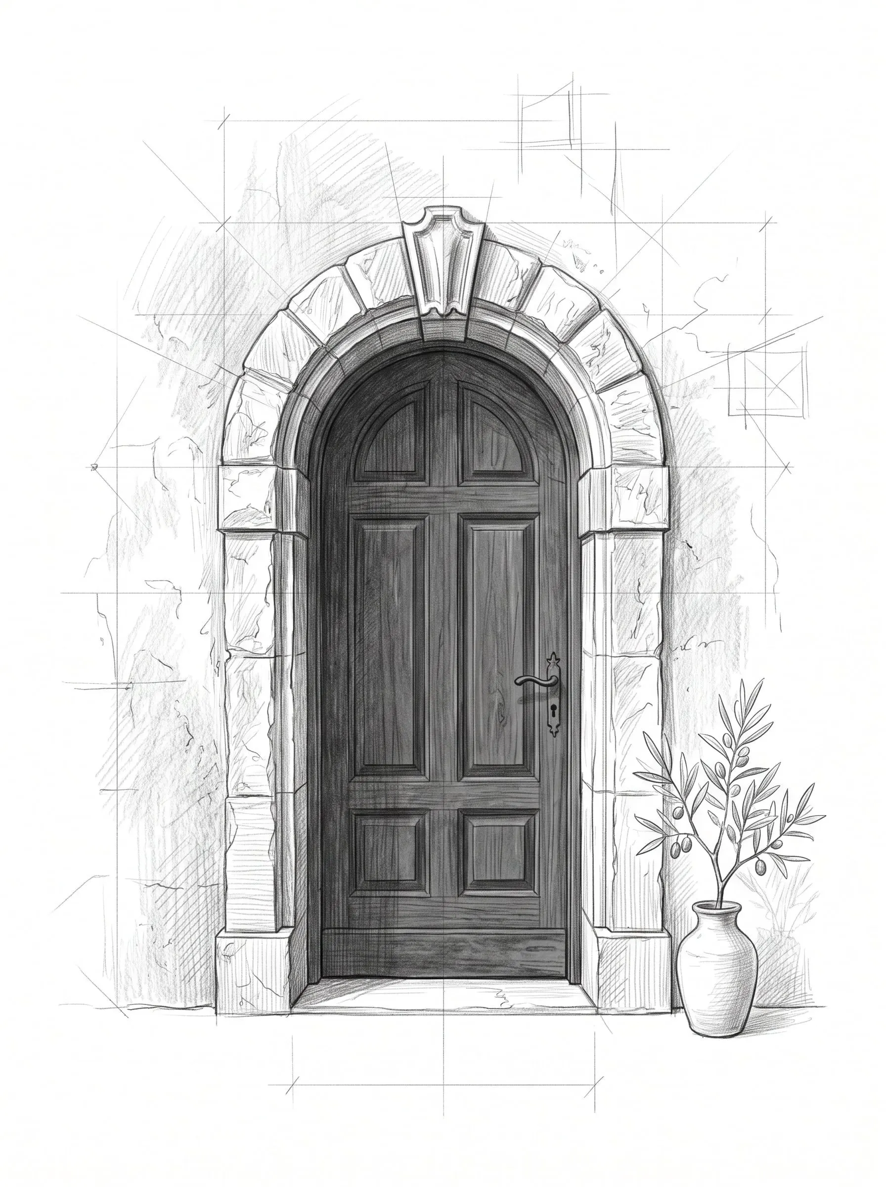 Pencil study of a stone arched doorway